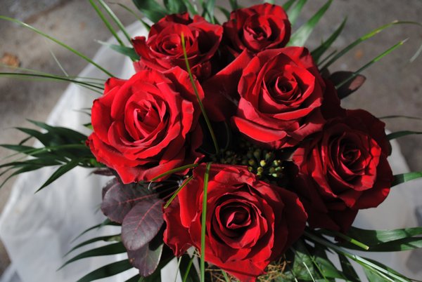 new Love 5 rote Rosen als Strauß gebunden